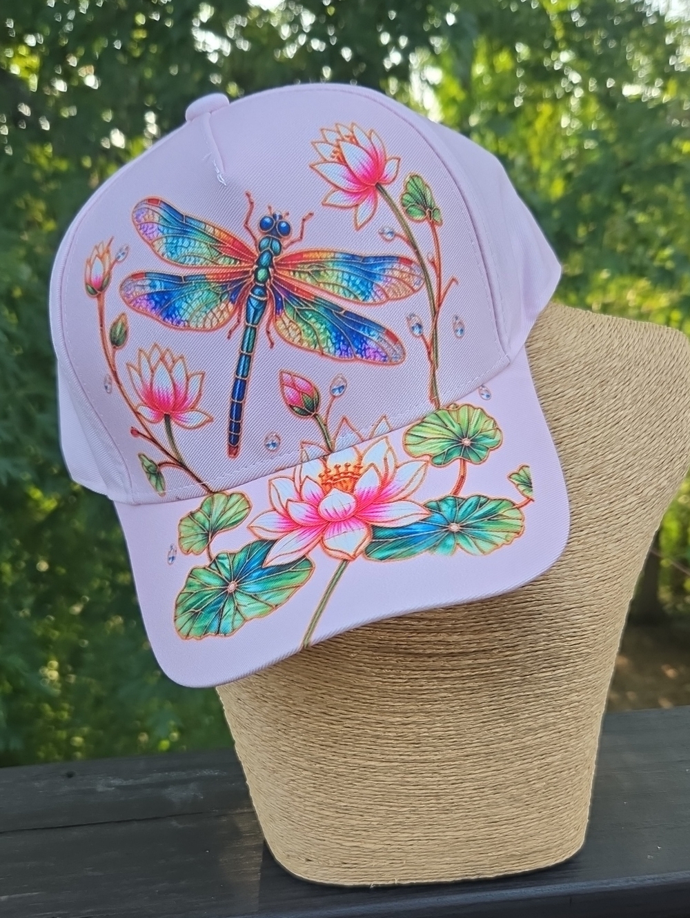 Pink Baseball Cap with Colorful Dragonfly & Lotus Design
